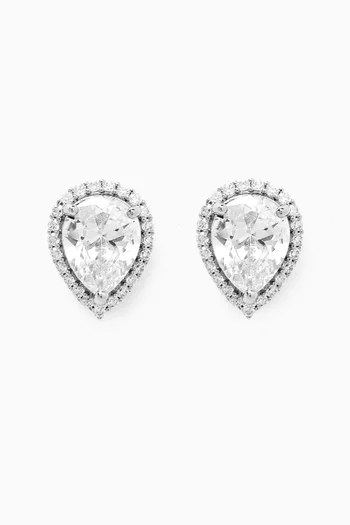Halo Pear-cut CZ Stud Earrings in Rhodium-plated Brass