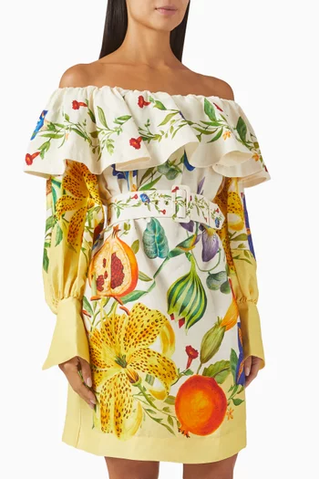 Flores Floral Mini Dress in Linen-viscose Blend