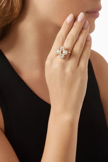Crystal & Pearl Cluster Ring in Gold-plated Brass
