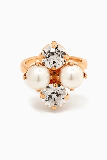 Crystal & Pearl Cluster Ring in Gold-plated Brass