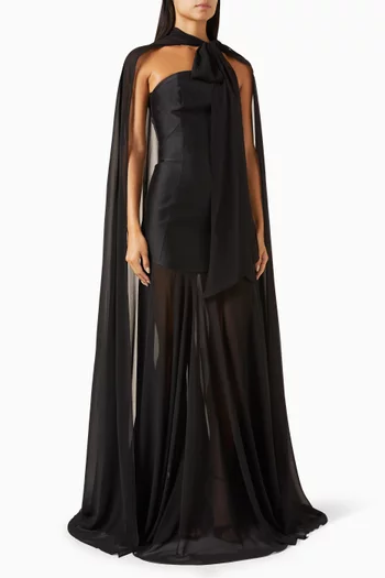 Strapless Cape Gown in Crepe & Chiffon