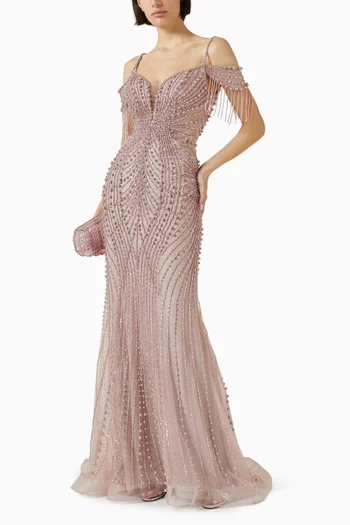 Off-shoulder Fringe Gown in Tulle