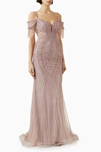 Off-shoulder Fringe Gown in Tulle