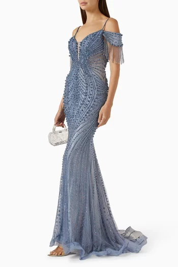 Off-shoulder Fringe Gown in Tulle