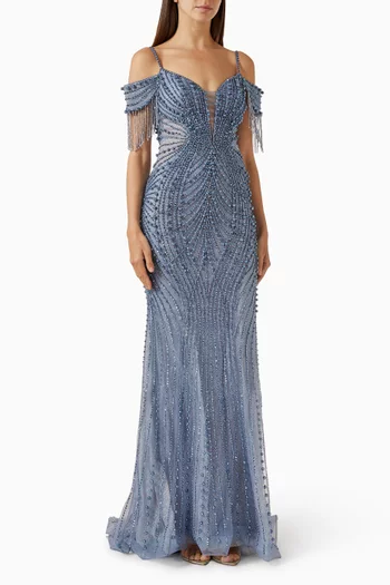 Off-shoulder Fringe Gown in Tulle
