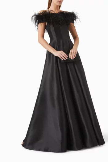 Feather-trim Pleated Gown in Mikado