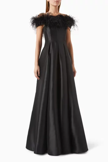 Feather-trim Pleated Gown in Mikado
