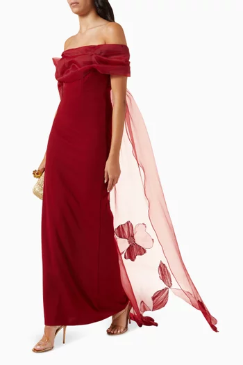 فستان سهرة مطرز بالزهور كريب وأورجانزا