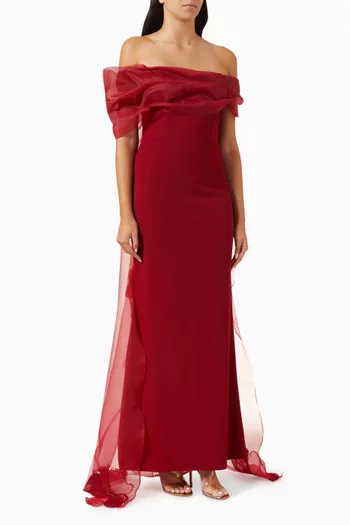 فستان سهرة مطرز بالزهور كريب وأورجانزا