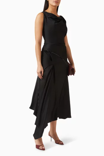 Asymmetric Draped Midi Dress in Crepe-satin