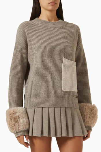 Faux Fur-cuffs Pocket Sweater in Knit