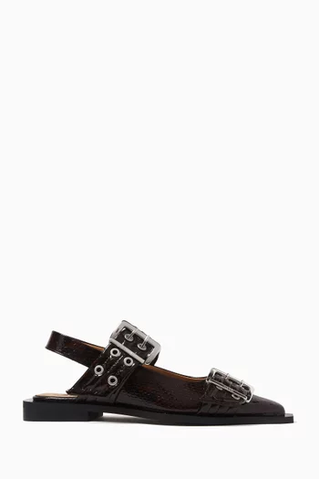 Feminine Buckle Ballerinas in Faux Snake-embossed Leather
