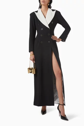 Contrast-collar Tuxedo Maxi Dress