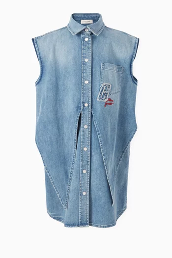 Front knot & Embroidery Dress in Denim