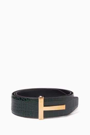 T-buckle Belt in Croc-embossed Leather