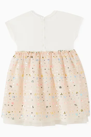 فستان بنمط تي شيرت قطن وتول مطرز بالترتر