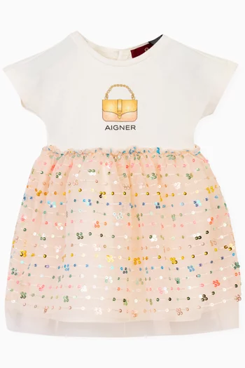 فستان بنمط تي شيرت قطن وتول مطرز بالترتر