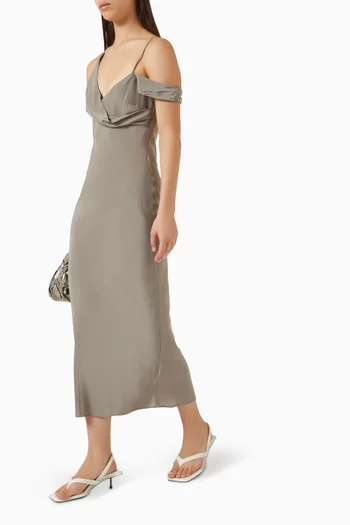 Draped Off-Shoulder Midi Dress in Silk