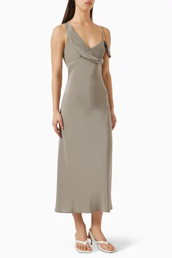 Draped Off-Shoulder Midi Dress in Silk