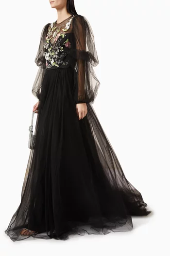 Embroidered Blouson-sleeve Gown in Tulle