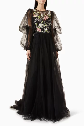 Embroidered Blouson-sleeve Gown in Tulle