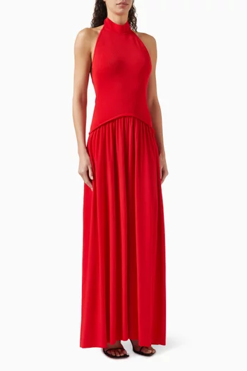 فستان سوليو طويل بحمالة حول الرقبة مزيج فيسكوز