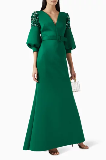 Sequin-embellished Belted Gown in Scuba