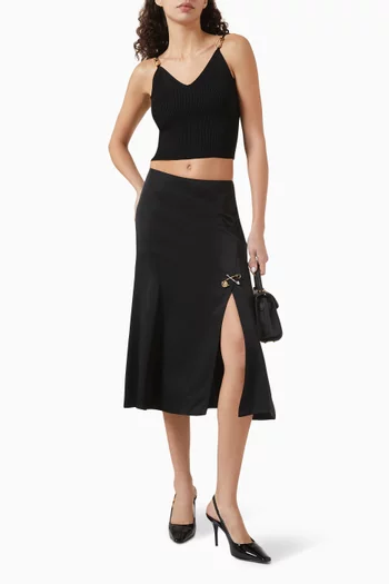 Medusa Safety Pin-detail Midi Skirt in Satin