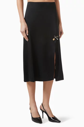 Medusa Safety Pin-detail Midi Skirt in Satin