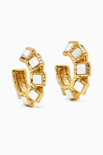 Square Stone Hoop Earrings in Gold-tone Metal