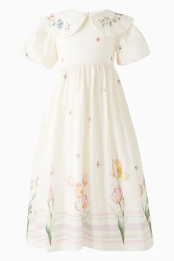 Tulip-print Dress in Satin-cotton