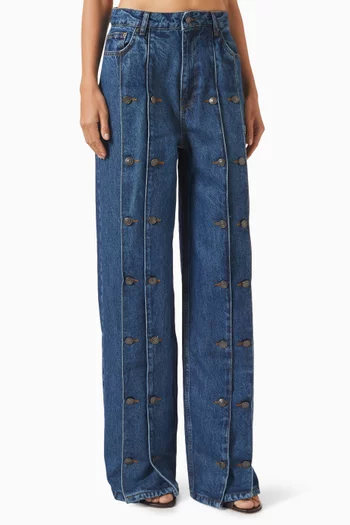 Button-detail Wide-leg Jeans in Denim