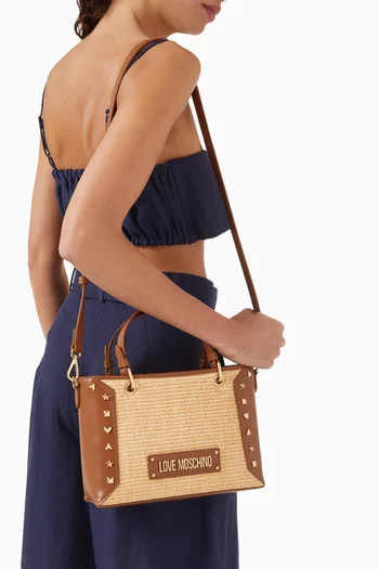 Studded Tote Bag in Raffia & Faux Leather