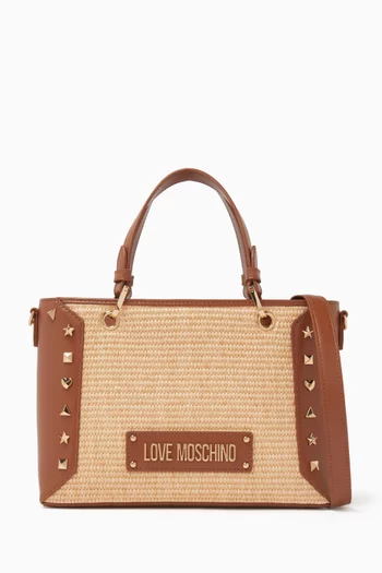 Studded Tote Bag in Raffia & Faux Leather