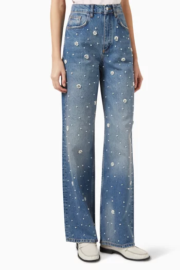 Embroidered Wide-Leg Jeans in Denim