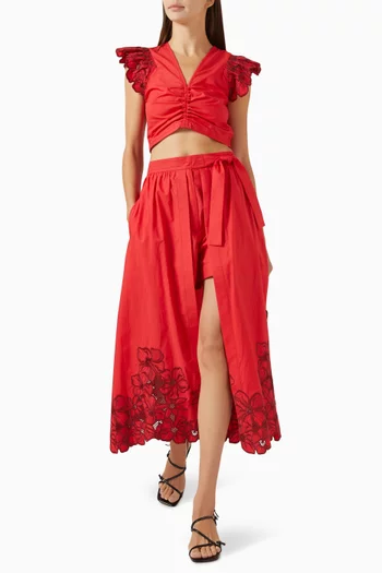 Floral Embroidered Midi Skirt in Cotton-blend