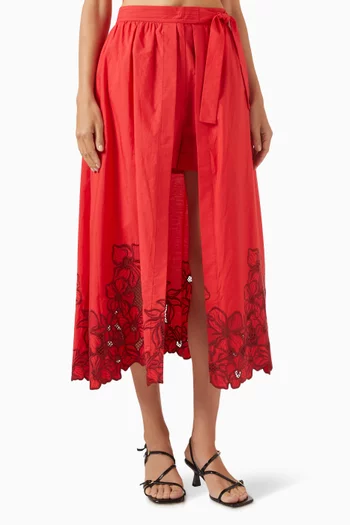Floral Embroidered Midi Skirt in Cotton-blend