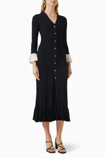 فستان متوسط الطول بتصميم منسوج وحافة كشكش مزيج فيسكوز