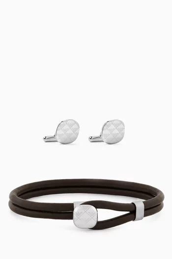 Bracelet & Cufflinks Set in Leather & Stainless Steel