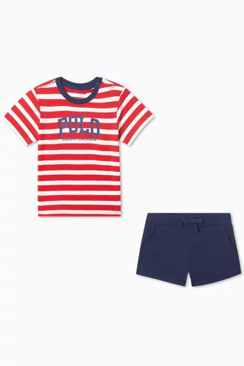 Striped Logo T-shirt & Shorts Set in Cotton-blend