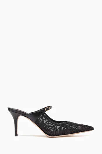 Sorrento 75 Buckled Mules in Embroidered Lace