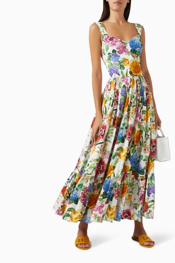 فستان متوسط الطول بنقشة زهور قطن