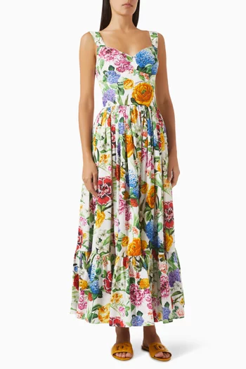 فستان متوسط الطول بنقشة زهور قطن