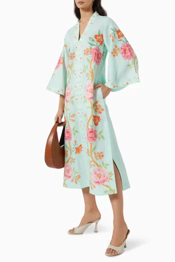 Floral Kaftan Midi Dress in Linen-blend