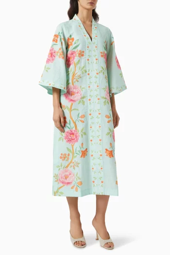 Floral Kaftan Midi Dress in Linen-blend