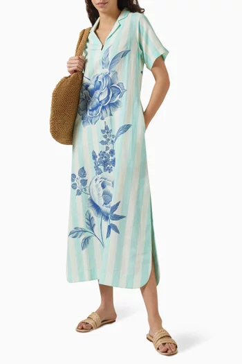 Peonies & Stripe Shirt Maxi Dress in Cotton & Linen