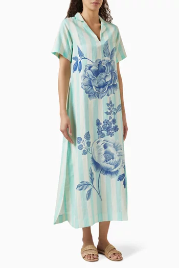 Peonies & Stripe Shirt Maxi Dress in Cotton & Linen