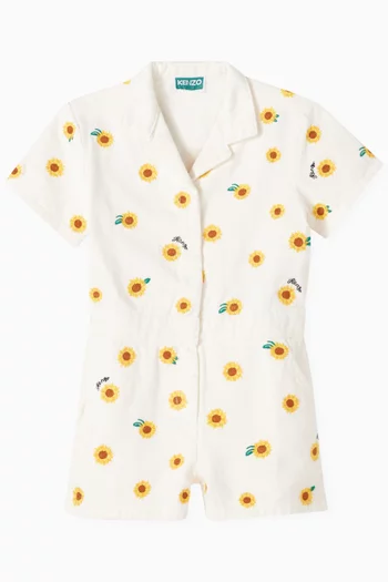 Sunflower-embroidered Playsuit in Cotton-twill