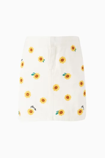 Sunflower-embroidered Skirt in Cotton-twill