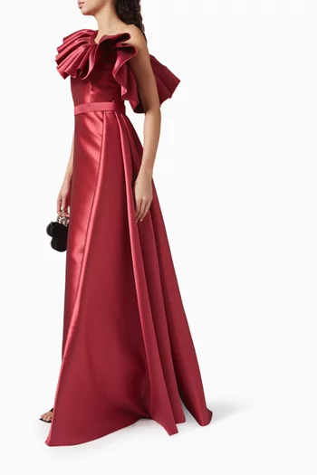 One-shoulder Ruffle Gown in Micado